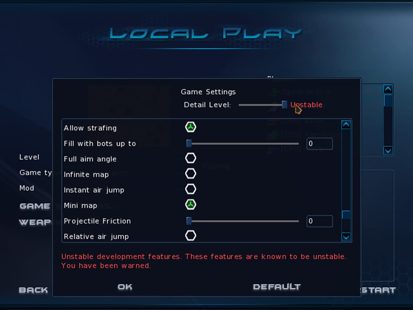 OpenLieroX Game Settings